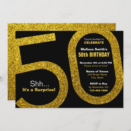 50e Gouden Glitter Verjaardag Uitnodiging (Voorkant / Achterkant)