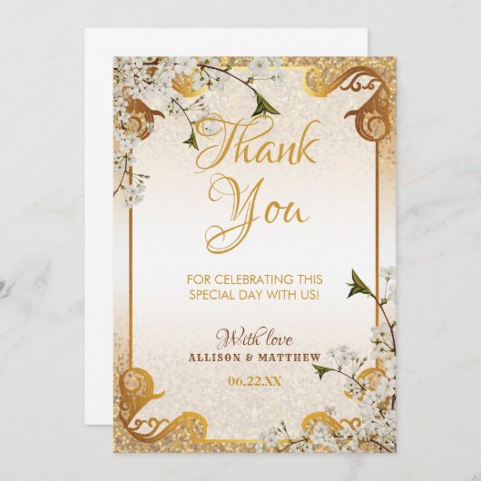 50e gouden glittersjabloon bloemige trouwjubileum bedankkaart (Voorkant / Achterkant)
