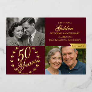 50e gouden huwelijksjubileum bordeauxrood foto folie uitnodiging