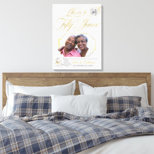 50e gouden huwelijksjubileum foto gouden rozen canvas afdruk (Insitu (Slaapkamer))