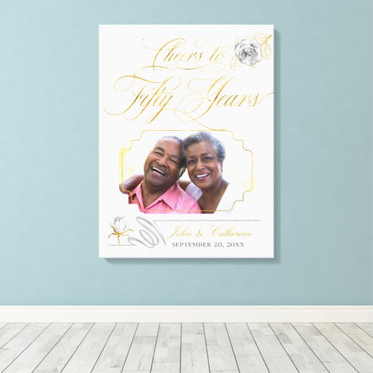 50e gouden huwelijksjubileum foto gouden rozen canvas afdruk (Insitu (Houten vloer))