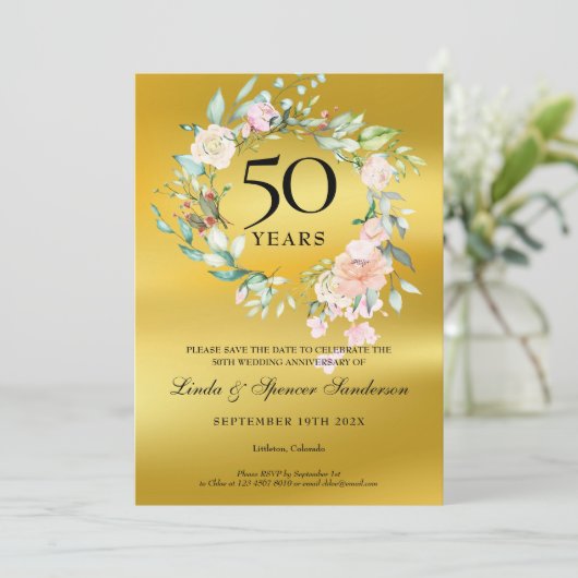 50e gouden huwelijksjubileum Goud Folie Bloem Save The Date (Staand voorkant)
