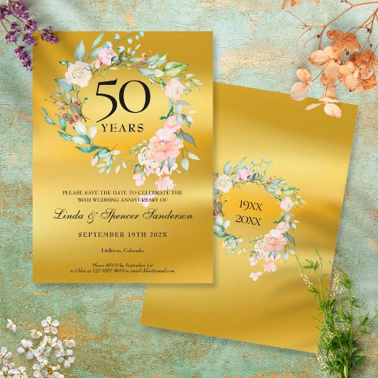 50e gouden huwelijksjubileum Goud Folie Bloem Save The Date