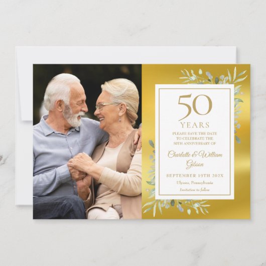 50e gouden huwelijksjubileum groen 2 foto's save the date (Voorkant)