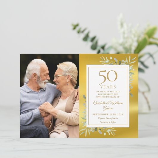 50e gouden huwelijksjubileum groen 2 foto's save the date (Staand voorkant)