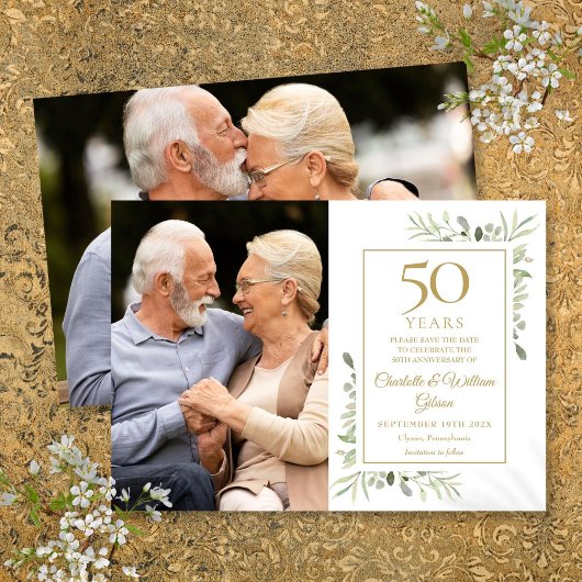 50e gouden huwelijksjubileum groen 2 foto's save the date