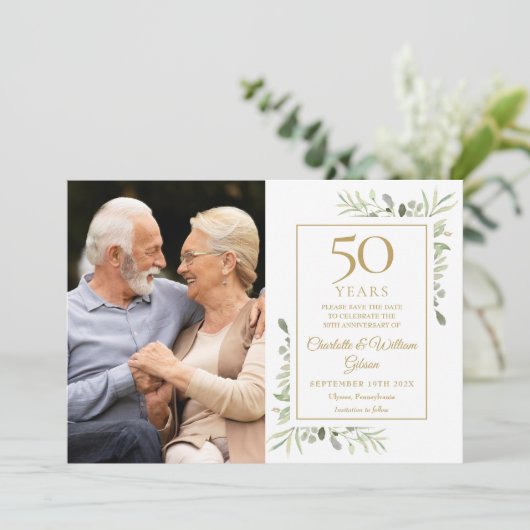 50e gouden huwelijksjubileum groen 2 foto's save the date (Staand voorkant)