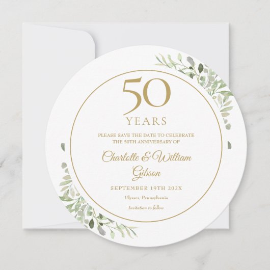 50e gouden huwelijksjubileum groen cirkelvormig save the date (Voorkant)