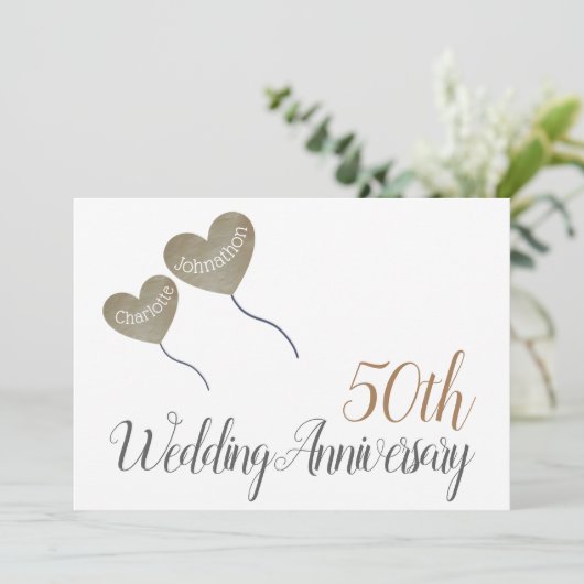50e gouden huwelijksjubileum hartballon kaart (Staand voorkant)