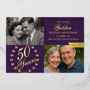 50e gouden huwelijksjubileum paarse foto folie uitnodiging