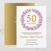 50e gouden Jubileum roze bloemenkrans Save The Date (Voorkant / Achterkant)
