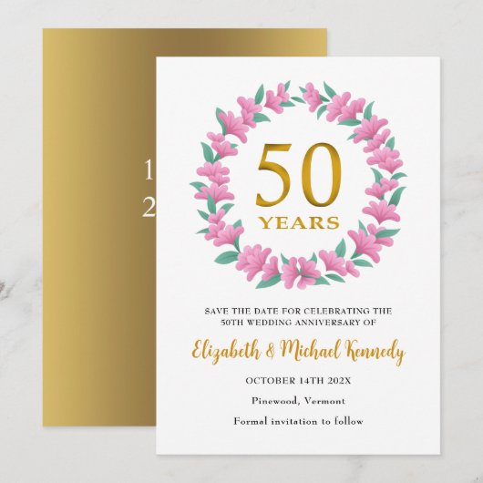 50e gouden Jubileum roze bloemenkrans Save The Date (Voorkant / Achterkant)