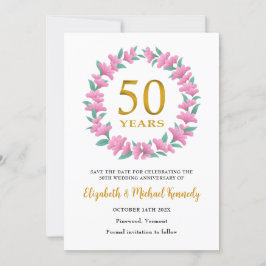 50e gouden Jubileum roze bloemenkrans Save The Date