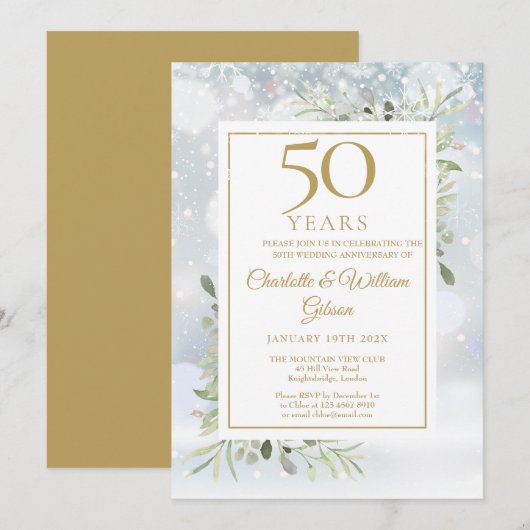 50e Gouden Jubileum Wintervlokken Groen Bladwerk Kaart (Voorkant / Achterkant)