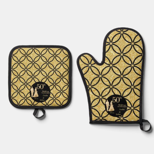 50e gouden paar bruiloft Jubileum glitter Ovenwant & Pannenlap Set (Voorkant)