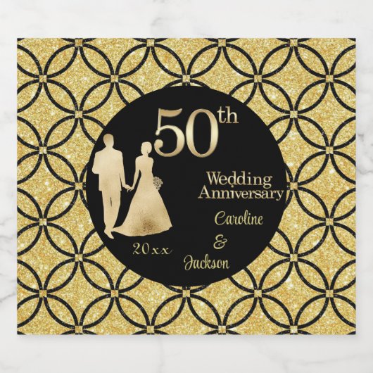 50e gouden paar bruiloft Jubileum glitter Sparkling Wijnetiket (Enkel label)