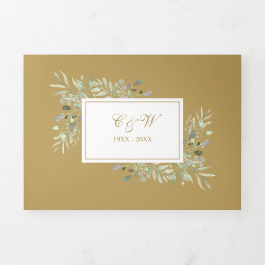 50e gouden trouwdagjubileum groen bloemmotief drieluik uitnodiging (Cover)