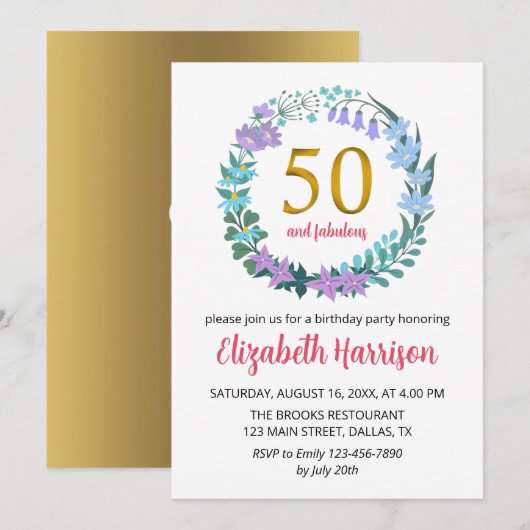 50e Gouden Verjaardagsfeestje Bloemkrans Bluebells Kaart (Voorkant / Achterkant)