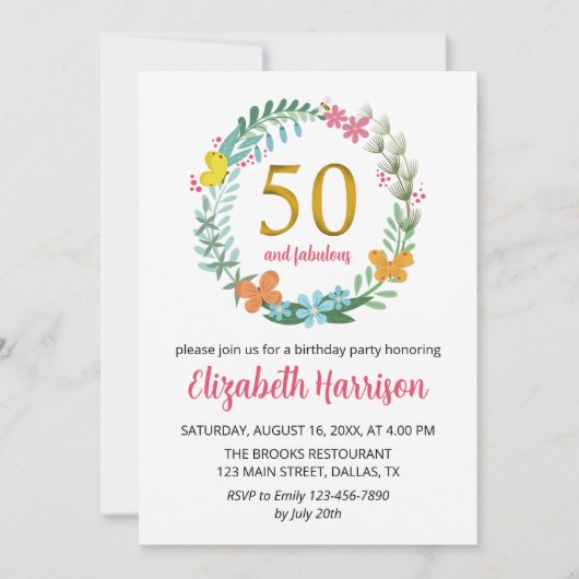 50e Gouden Verjaardagsfeestje Bloemkrans Vlinder Kaart (Voorkant)