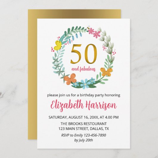 50e Gouden Verjaardagsfeestje Bloemkrans Vlinder Kaart (Voorkant / Achterkant)