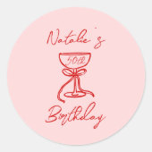 50e Hand getrokken Roze Bow Champagne Glas Verjaar Ronde Sticker (Voorkant)