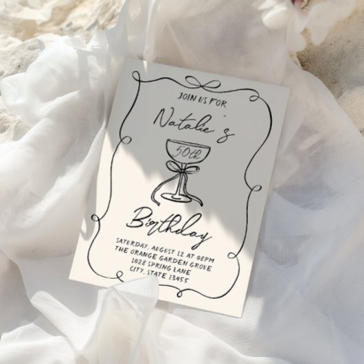 50e Hand Getrokken Zwart & Wit Bow Martini Verjaar Kaart