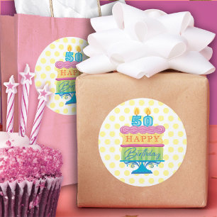 50e Happy Birthday Cake Yellow Stippen Ronde Sticker