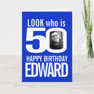 50e Happy Birthday foto blauw wit Kaart