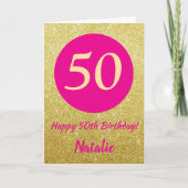50e Happy Birthday Hot Pink en Gold Glitter Kaart (Voorkant)