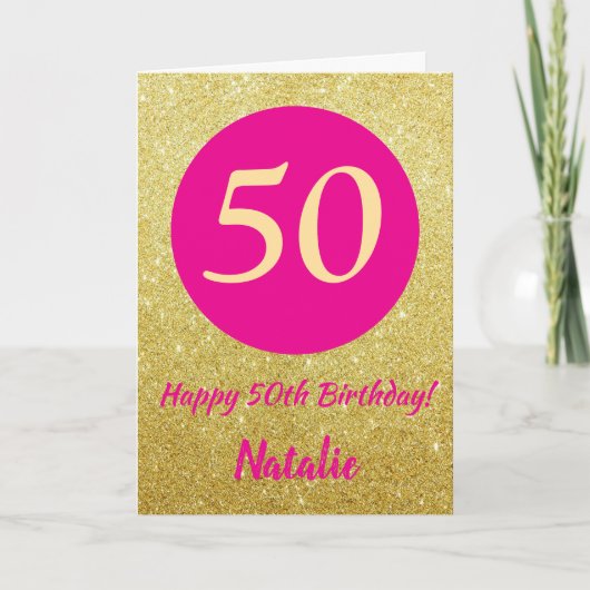 50e Happy Birthday Hot Pink en Gold Glitter Kaart (Voorkant)