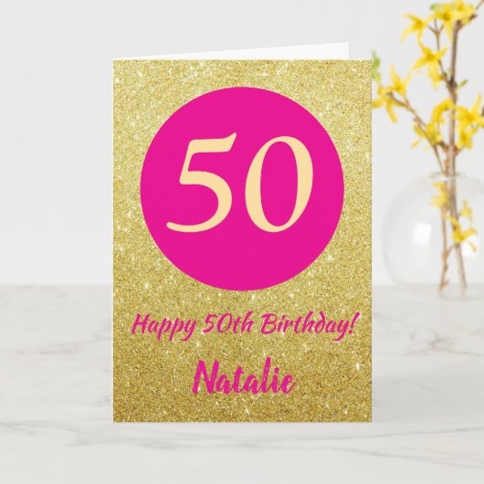 50e Happy Birthday Hot Pink en Gold Glitter Kaart (Gele Bloem)