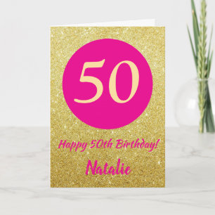 50e Happy Birthday Hot Pink en Gold Glitter Kaart