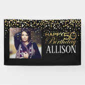 50e Happy Birthday-ontwerp met gouden confetti Spandoek (Horizontaal)