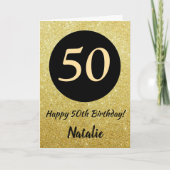 50e Happy Birthday Zwart en Goud Glitter Kaart (Voorkant)