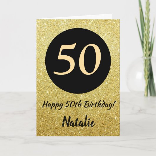 50e Happy Birthday Zwart en Goud Glitter Kaart (Voorkant)