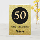 50e Happy Birthday Zwart en Goud Glitter Kaart (Gele Bloem)