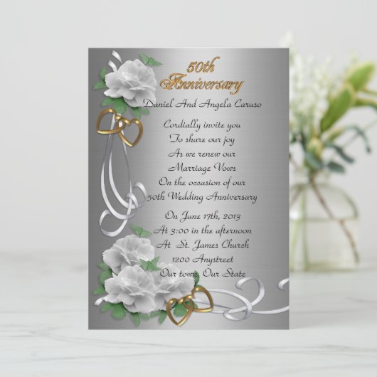 50e herdenkingsdag huwelijk hernieuwing witte roze kaart (Staand voorkant)