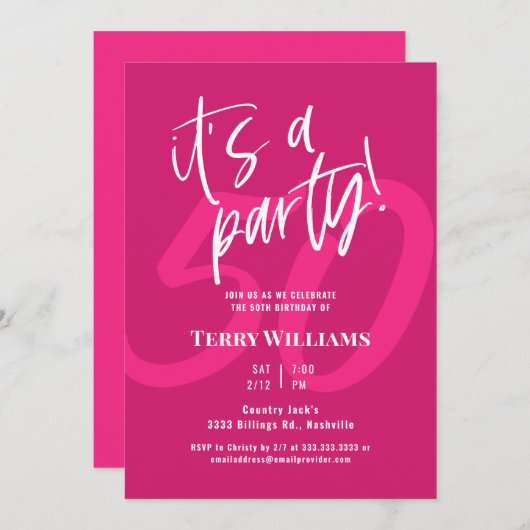 50e Hot Pink Verjaardagsfeestuitnodiging Kaart (Voorkant / Achterkant)
