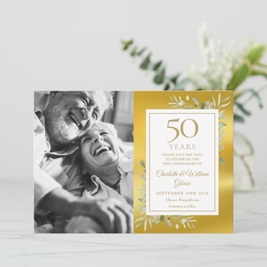 50e huwelijksjubileum groen goud folie foto save the date (Staand voorkant)