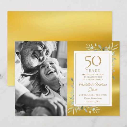 50e huwelijksjubileum groen goud folie foto save the date (Voorkant / Achterkant)
