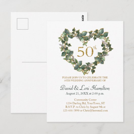 50e huwelijksjubileum waterverf klimop hart krans briefkaart (Voorkant / Achterkant)