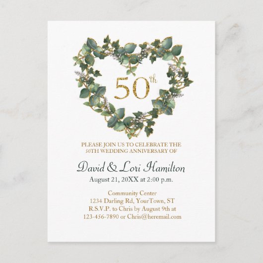 50e huwelijksjubileum waterverf klimop hart krans briefkaart (Voorkant)
