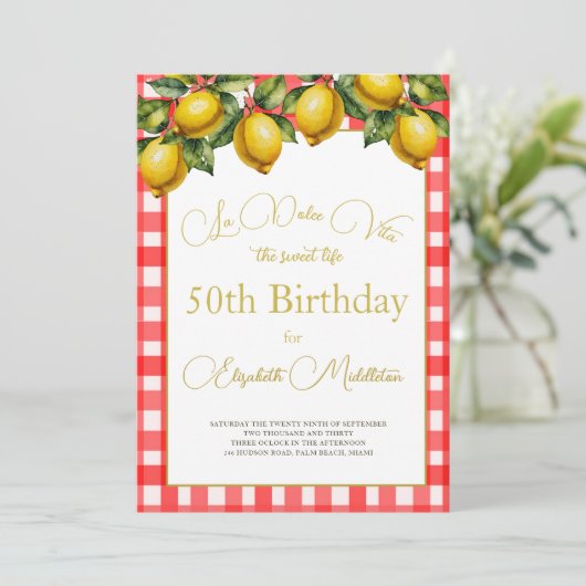 50e Italiaanse citroen botanisch rood wit patroon Kaart (Staand voorkant)