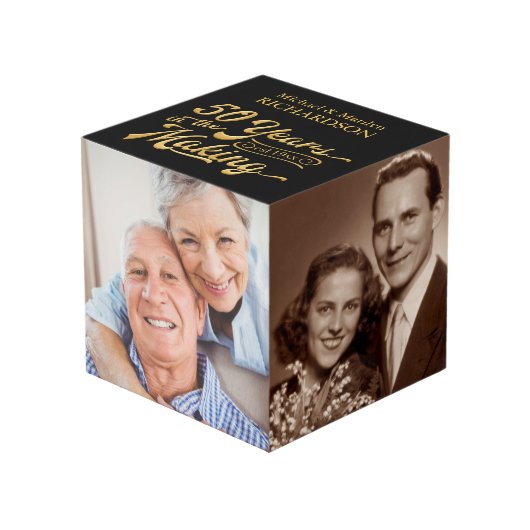 50e Jubileum 4 Foto zwart & gouden persoonlijke fo Kubus (Voorkant hoekig)