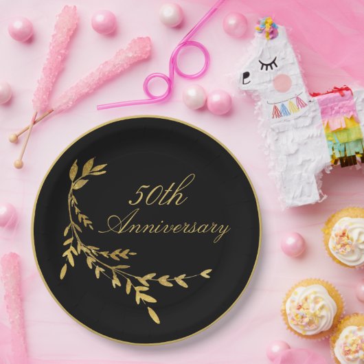 50e Jubileum 50 50e zwart Gold Leaf Papieren Bordje (Feest)