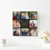 50e Jubileum 8 Foto Collage Black en Gold Vierkante Klok (Huis)