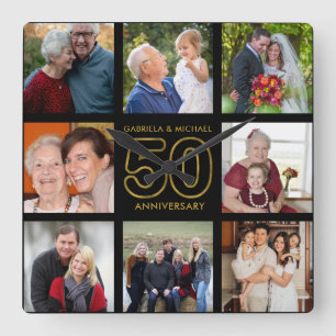 50e Jubileum 8 Foto Collage Black en Gold Vierkante Klok