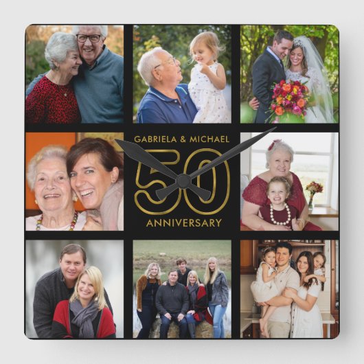 50e Jubileum 8 Foto Collage Black en Gold Vierkante Klok (Voorkant)