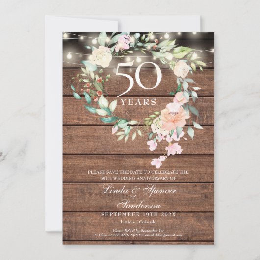 50e Jubileum bijtende Floral String Lights Save The Date (Voorkant)