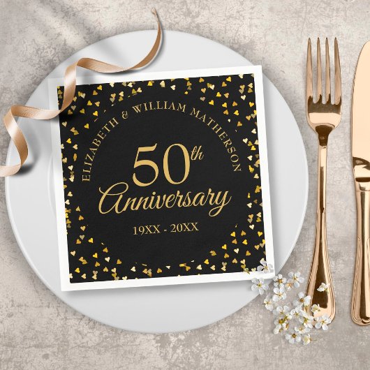50e Jubileum Black Gold Love Hearts Confetti Servet